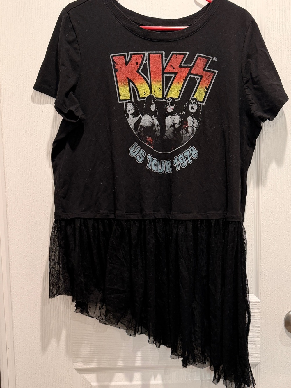 KISS Band Tee Dress Lace Hem Asymmetrical Graphic Top Size 2 Black - Picture 1 of 7